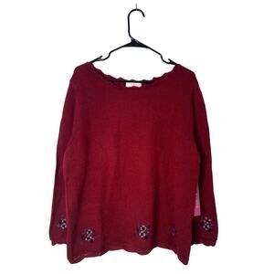 Vtg Women’s Sweater Wool Mohair Red Floral Embroidered L NEW Cottagecore Boho